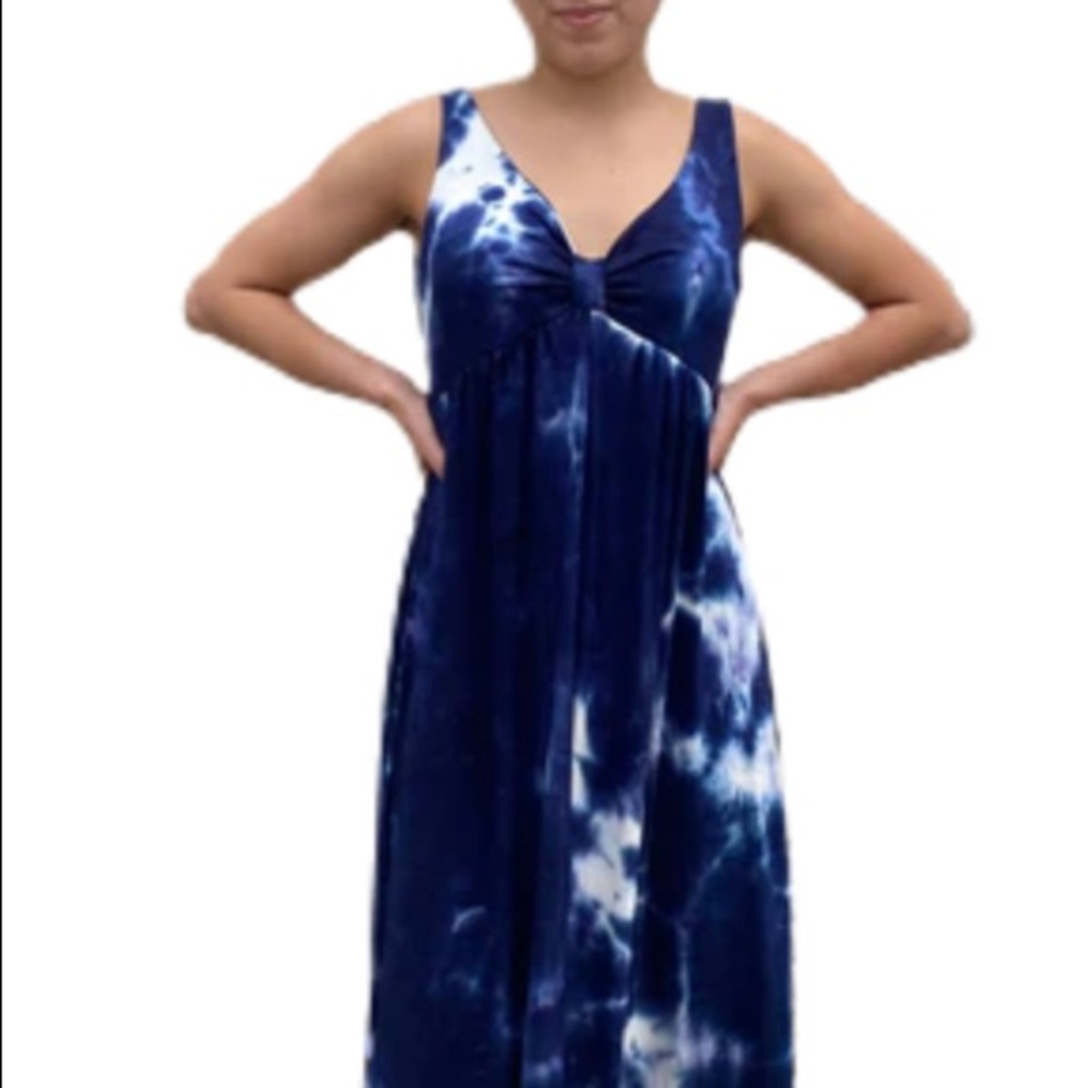 Melissa Masse V NECK MAXI DRESS IN OUR INDIGO TIE DYE JERSEY Made Ins USA